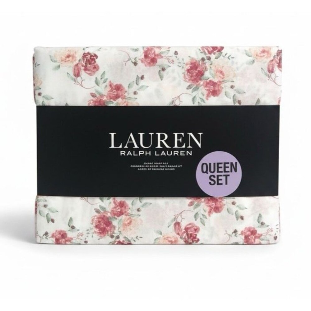 Ralph Lauren Queen Sheet Set Floral Rose Ivory Pink Percale Cotton Cottage NEW